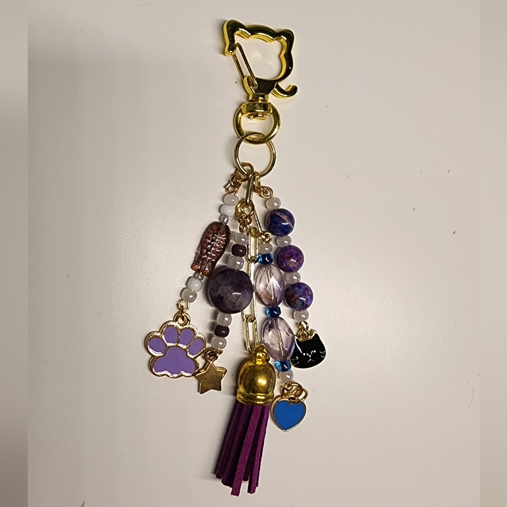 Handmade Cat Lovers Purple Blue and Gold Keychain / Bag Charm